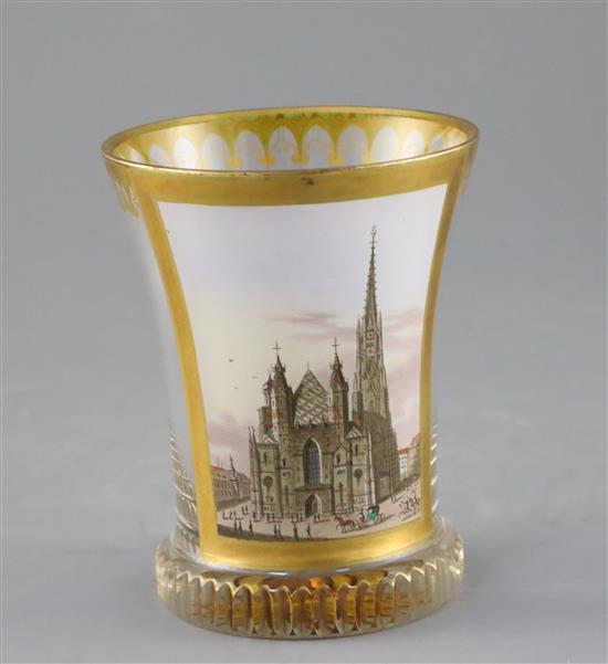 An Austro-Hungarian enamelled topographical glass beaker, ranftbecher, in the manner of Anton Kothgasser, c.1820-30, H.11.2cm